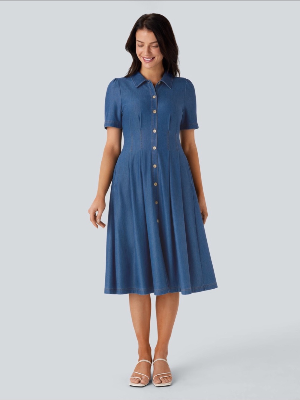Halara Flex™ Short Sleeve Pocket Denim Flare Midi Dress